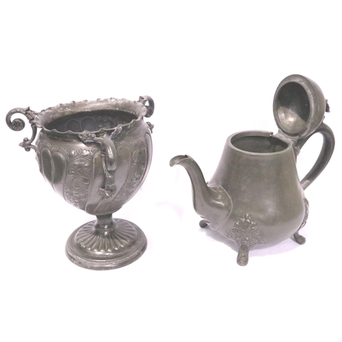 387 - Pewter Pear teapot and a three handled dish, H: 19 cm. P&P Group 2 (£18+VAT for the first lot and £3... 