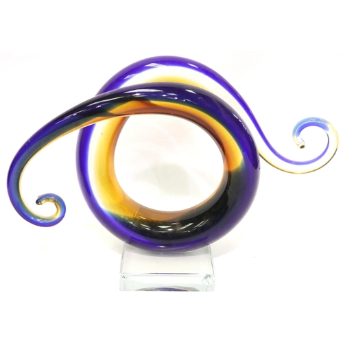 390 - Murano blue and amber glass sculpture on a glass stand, L: 28 cm, chip to stand. P&P Group 3 (£25+VA... 