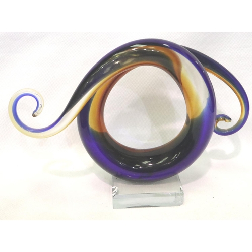 390 - Murano blue and amber glass sculpture on a glass stand, L: 28 cm, chip to stand. P&P Group 3 (£25+VA... 