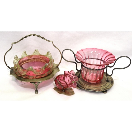 392 - Two Cranberry Glass preserve dishes and a similar salt. Small chip to base of smaller piece, crown t... 