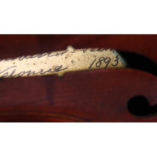 408 - Walter H Mayson two piece back violin, label inside reads Walter H Mayson Manchester pro velones 189... 