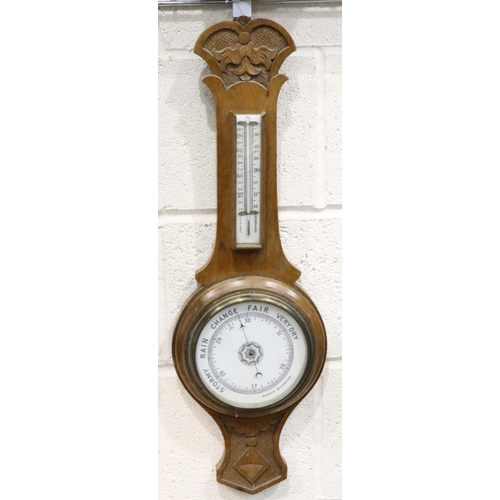 413 - Oak framed Aneroid barometer/thermometer, H: 71 cm. Not available for in-house P&P