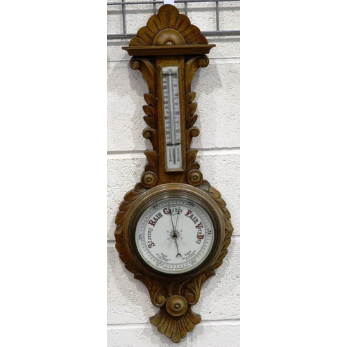 415 - Large oak cased barometer with thermometer, H: 90 cm. Not available for in-house P&P