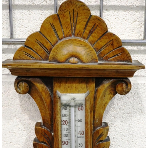 415 - Large oak cased barometer with thermometer, H: 90 cm. Not available for in-house P&P