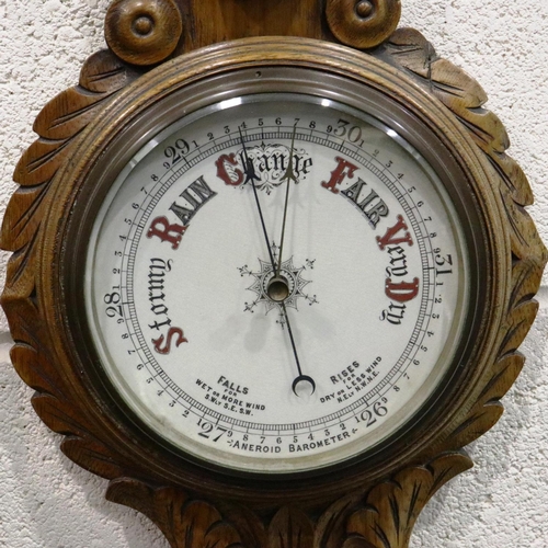 415 - Large oak cased barometer with thermometer, H: 90 cm. Not available for in-house P&P