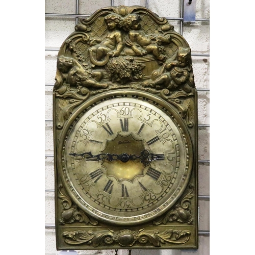 416 - Brass faced French Belcanto wall clock, H: 47 cm, lacking pendulum and weights. Not available for in... 