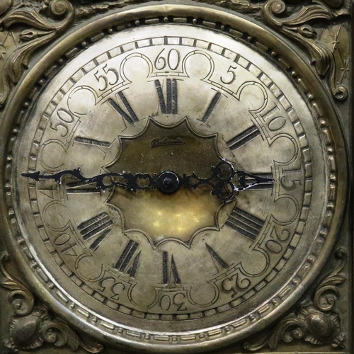 416 - Brass faced French Belcanto wall clock, H: 47 cm, lacking pendulum and weights. Not available for in... 