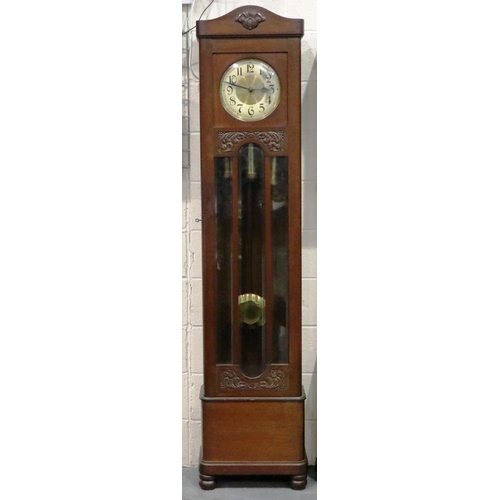 417 - Large early 20th century mahogany cased long case clock with weights, H: 212 cm, not working at lott... 