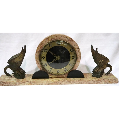 422 - Art Deco mantle clock on a marble base, working at lotting, L: 52 cm. Not available for in-house P&P