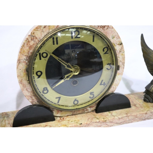 422 - Art Deco mantle clock on a marble base, working at lotting, L: 52 cm. Not available for in-house P&P