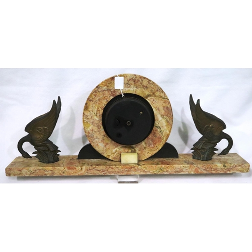 422 - Art Deco mantle clock on a marble base, working at lotting, L: 52 cm. Not available for in-house P&P