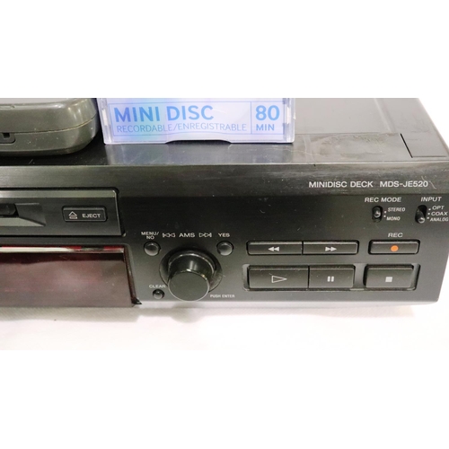 449A - Sony Minidisc player and recorder MDS-JE520 with further Mini Discs and remotes. P&P Group 2 (£18+VA... 