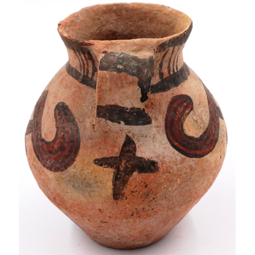 3053 - A Chinese Neolithic period urn, retaining almost all of its polychrome decoration and having two han... 