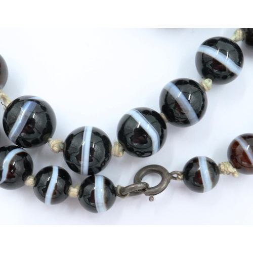 3070 - A single strand of graduated and polished brown manao agate beads formed as a necklace with knotted ... 