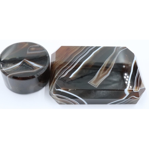 3072 - A large polished manao banded brown agate block with bevelled edges, 9 x 6 x 2 cm H, together with a... 