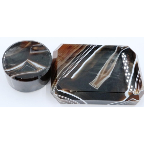 3072 - A large polished manao banded brown agate block with bevelled edges, 9 x 6 x 2 cm H, together with a... 