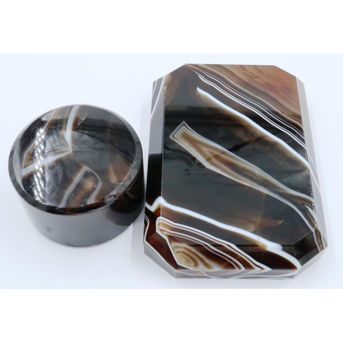 3072 - A large polished manao banded brown agate block with bevelled edges, 9 x 6 x 2 cm H, together with a... 