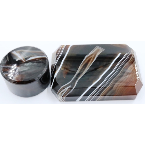 3072 - A large polished manao banded brown agate block with bevelled edges, 9 x 6 x 2 cm H, together with a... 