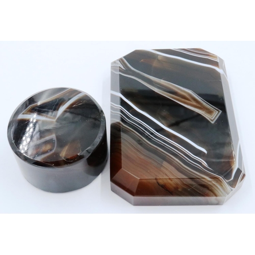 3072 - A large polished manao banded brown agate block with bevelled edges, 9 x 6 x 2 cm H, together with a... 