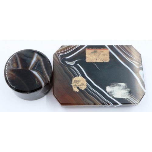 3072 - A large polished manao banded brown agate block with bevelled edges, 9 x 6 x 2 cm H, together with a... 