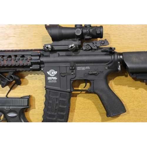 2020 - AEG Combat Machine 6mm airsoft assault rifle, lacking inner barrel, together with a Combat Delta 6mm... 