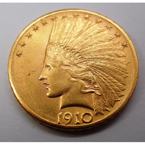 3094 - 1910 USA Indian Head ten dollar gold coin, .900 fineness with original lustre, 16.7g. P&P Group 0 (£... 