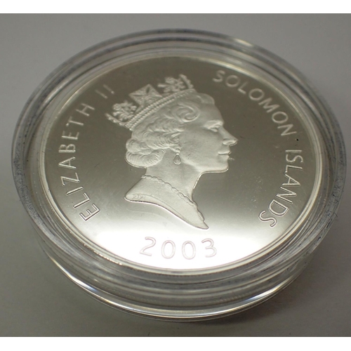 3118 - 2003 Solomon Islands History of Powered Flight, silver proof coin, AV-8B Harrier II, with Queen Eliz... 