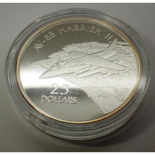 3118 - 2003 Solomon Islands History of Powered Flight, silver proof coin, AV-8B Harrier II, with Queen Eliz... 