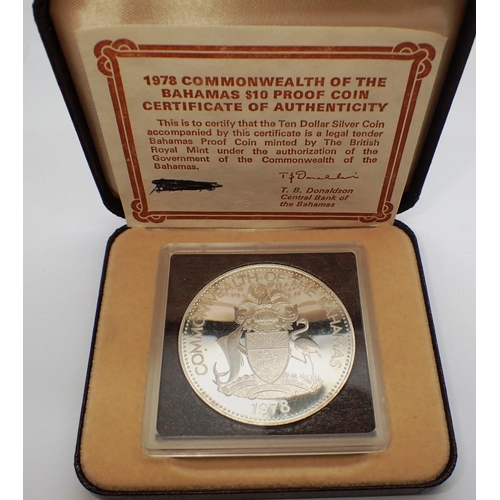 3132 - 1978 Commonwealth of The Bahamas silver ten dollar coin with Prince Charles to obverse, boxed with c... 