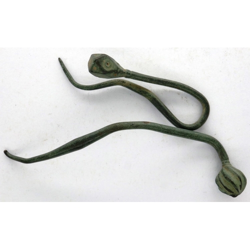 124 - Dark Ages, two ornate bronze hair pins manipulated to shape, largest L: 55 mm. P&P Group 0 (£5+VAT f... 