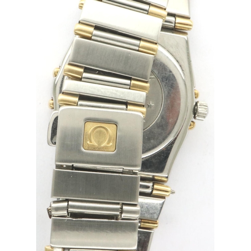 128 - Omega Constellation ladies wristwatch, gold and steel cased with graduated bracelet, black dial with... 