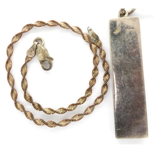 30 - 925 silver rope design bracelet, L: 19 cm, 2.0g and a hallmarked silver ingot pendant, Birmingham as... 