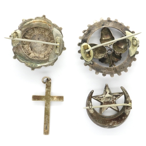 38 - Three Victorian brooches and a cross pendant, combined 12g. P&P Group 1 (£14+VAT for the first lot a... 