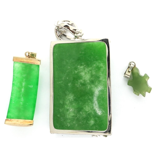 54 - Three Jade pendants, two mounted in silver and one 9ct gold, largest H: 45 mm. P&P Group 1 (£14+VAT ... 