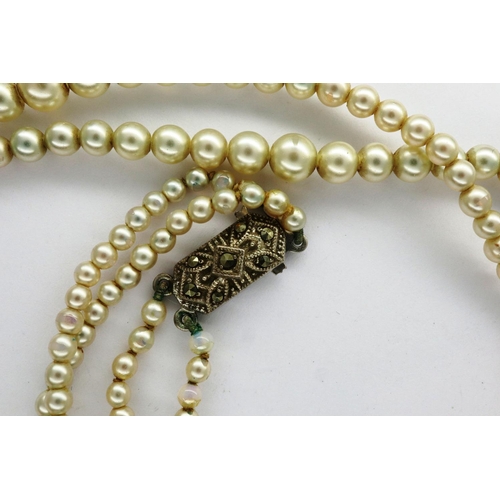 65 - Double strand set of pearls with silver clasp and another similar. Largest chain L: 20 cm. P&P Group... 