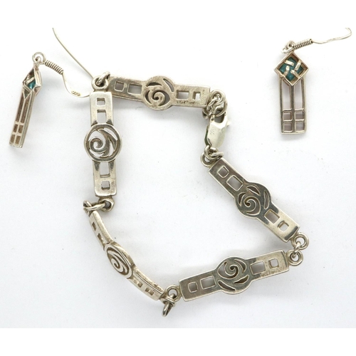 75A - Charles Rennie Macintosh style silver and stone set bracelet and earring set, boxed, L: 18 cm. combi... 