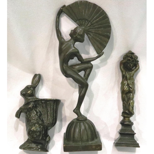 278 - Mixed bronzes including Art Deco lady with a fan, tallest H: 25 cm. P&P Group 2 (£18+VAT for the fir... 