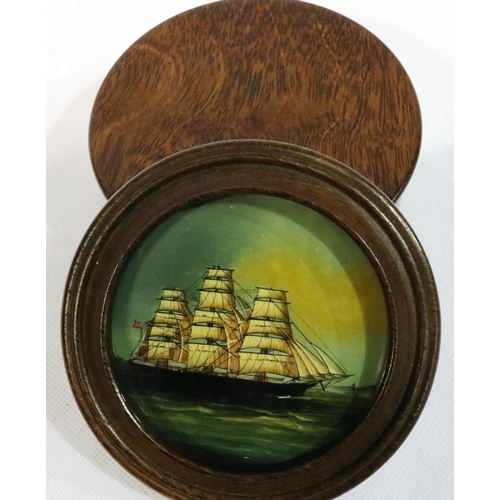 289 - Mahogany circular lidded box with reverse painting on glass Clipper ship, D: 10 cm. P&P Group 1 (£14... 