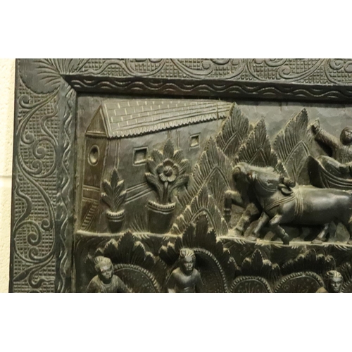 295 - Large carved hardwood Middle Eastern panel in relief with figures, some minor losses but good condit... 