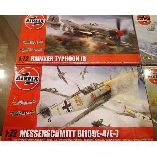 2082 - Four Airfix 1/72 aircraft kits to include Kittyhawk, Typhoon, Beaufighter and BF109E, all sealed box... 