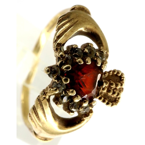 25 - 9ct gold Claddagh ring set with garnet and CZ, size P/Q, 2.0g. P&P Group 1 (£14+VAT for the first lo... 