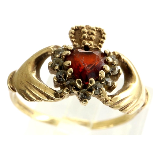 25 - 9ct gold Claddagh ring set with garnet and CZ, size P/Q, 2.0g. P&P Group 1 (£14+VAT for the first lo... 