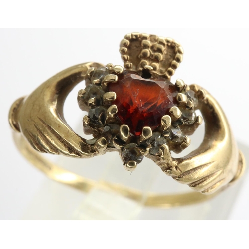 25 - 9ct gold Claddagh ring set with garnet and CZ, size P/Q, 2.0g. P&P Group 1 (£14+VAT for the first lo... 