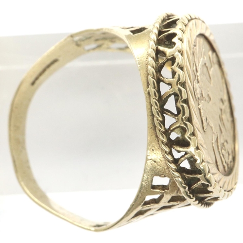 36 - 9ct gold coin ring set with a 9ct gold coin, size R/S, 4.4g. P&P Group 1 (£14+VAT for the first lot ... 