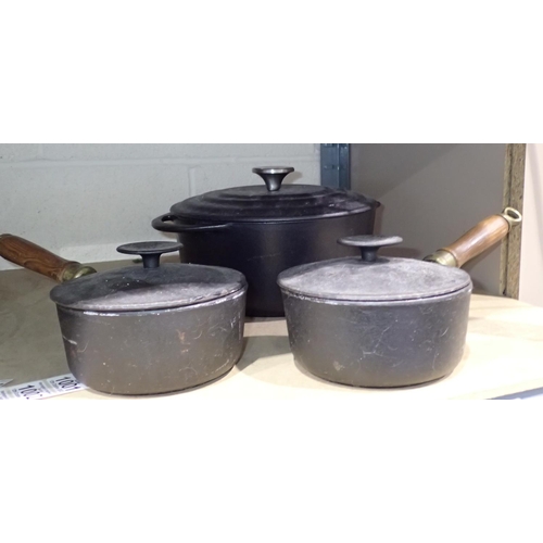 1007 - Two cast iron Salter pans and a Vivo cast iron casserole dish. Not available for in-house P&P