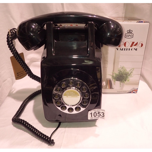 1053 - Black 1960/1970s style push button telephone, compatible with modern telephone banking and any stand... 