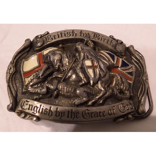 1072 - Heavy metal and enamel belt buckle, British By Birth, English, By The Grace of God. P&P Group 1 (£14... 