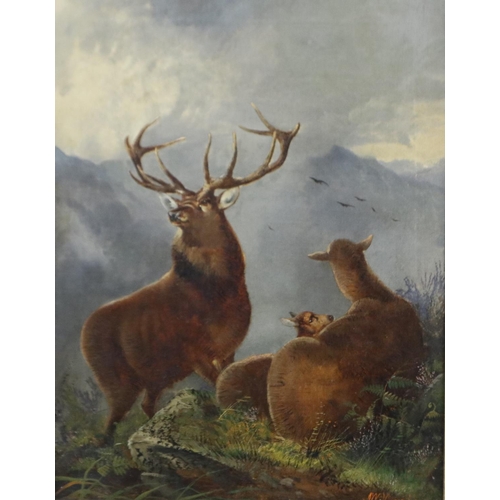 3007 - James W Morris (1860-1890): oil on canvas of stags in Scottish highland scene, gilt frame, signed, 3... 