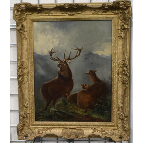 3007 - James W Morris (1860-1890): oil on canvas of stags in Scottish highland scene, gilt frame, signed, 3... 