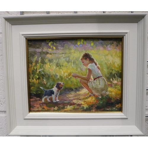 3008 - Vachagan Manukyan (Armenian contemporary): oil on canvas, The Girl and The Dog, signed verso 2021, 2... 